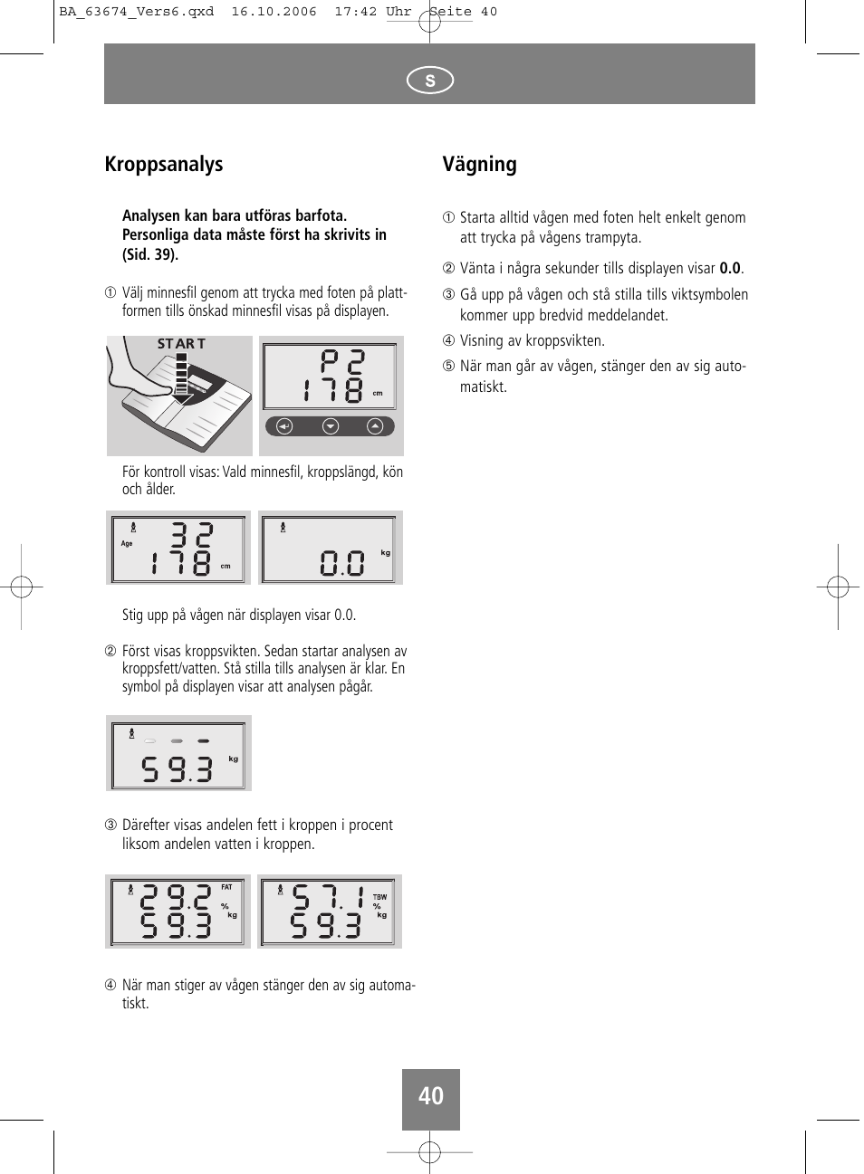 Kroppsanalys, Vägning | SOEHNLE Volga User Manual | Page 40 / 96