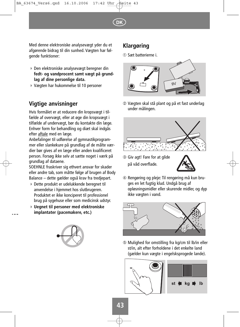 Vigtige anvisninger, Klargøring | SOEHNLE Volga User Manual | Page 43 / 96