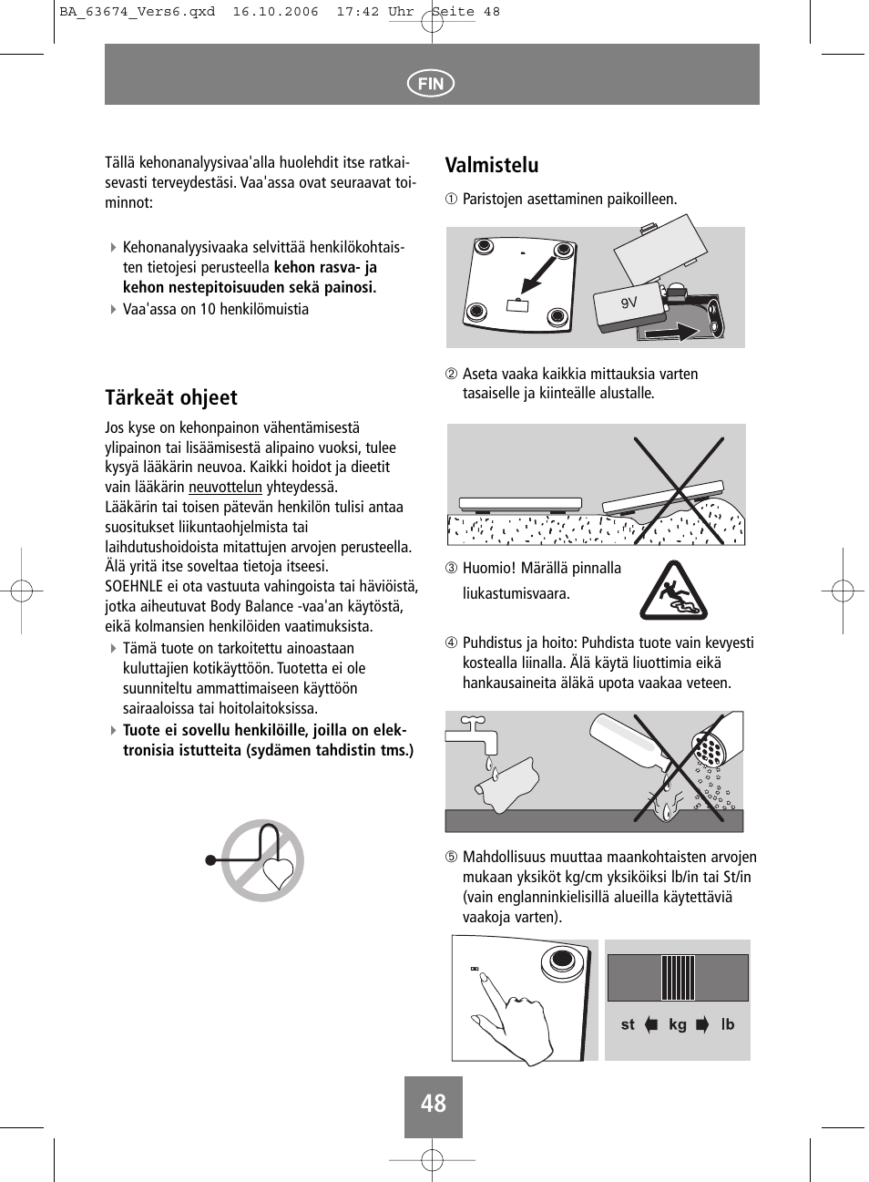 Tärkeät ohjeet, Valmistelu | SOEHNLE Volga User Manual | Page 48 / 96