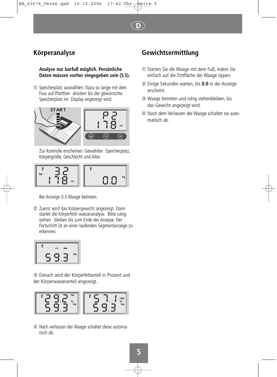 Körperanalyse, Gewichtsermittlung | SOEHNLE Volga User Manual | Page 5 / 96