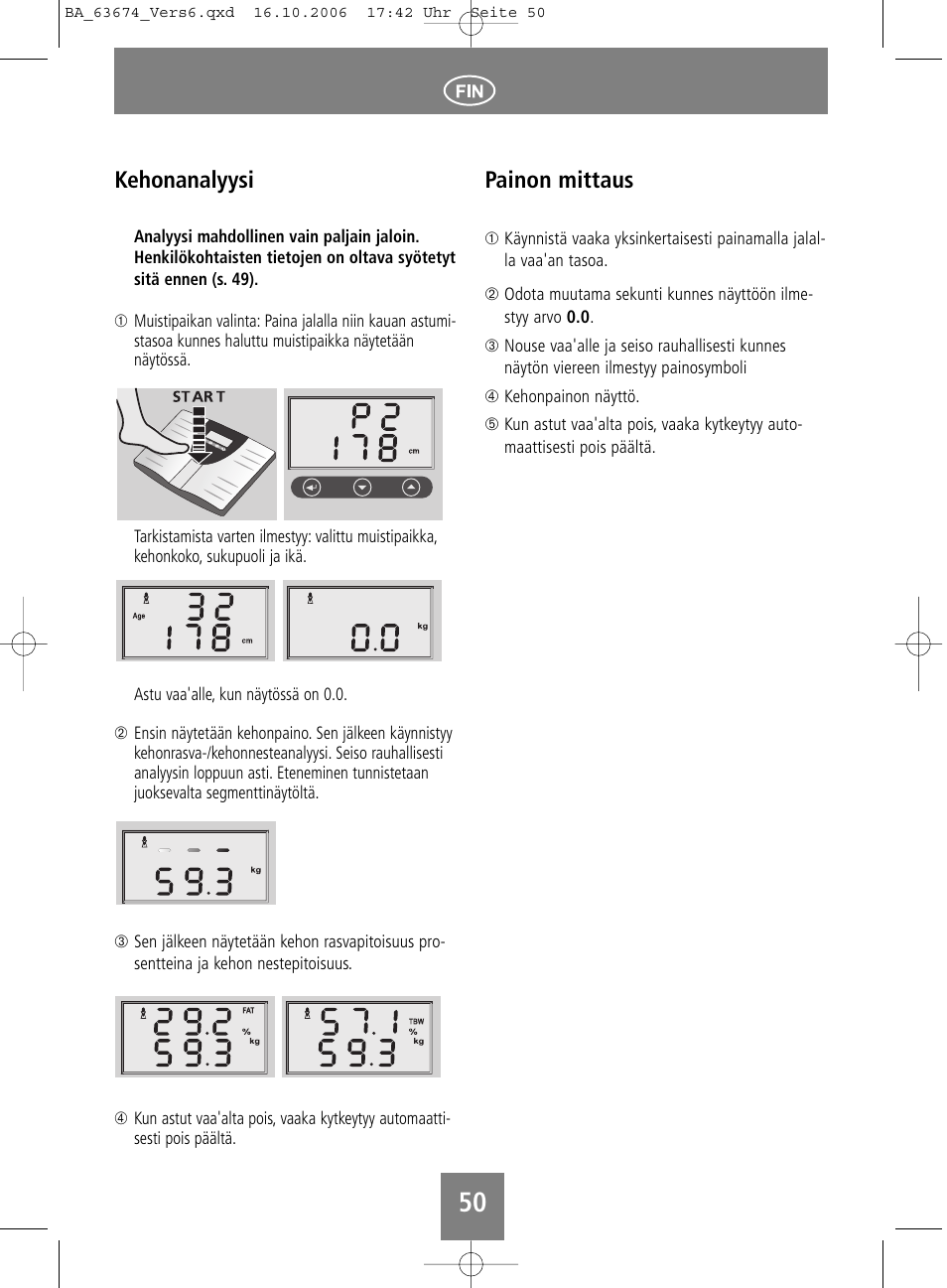 Kehonanalyysi, Painon mittaus | SOEHNLE Volga User Manual | Page 50 / 96