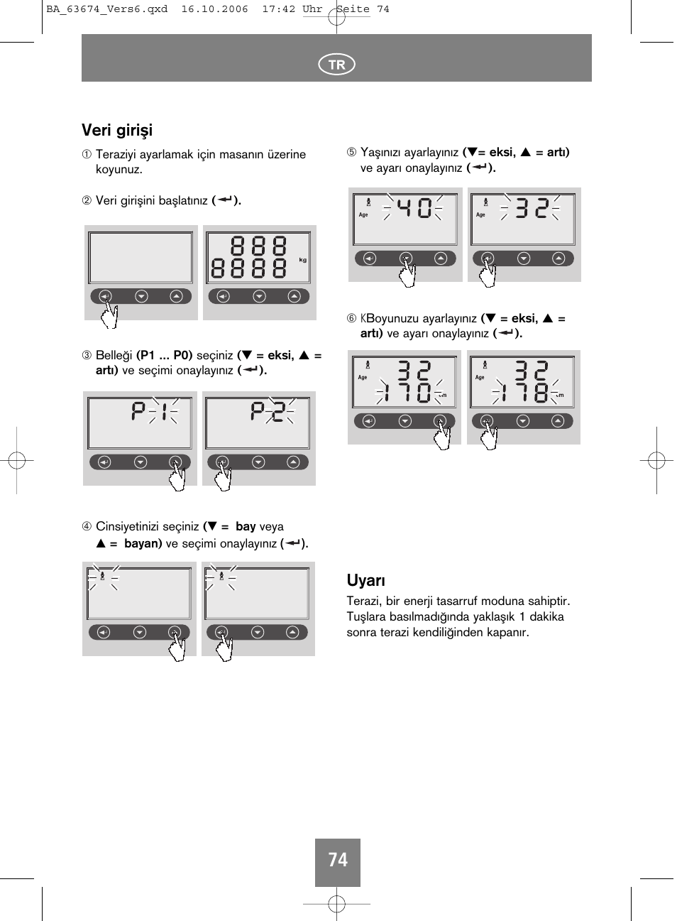 Veri giriµi, Uyarı | SOEHNLE Volga User Manual | Page 74 / 96