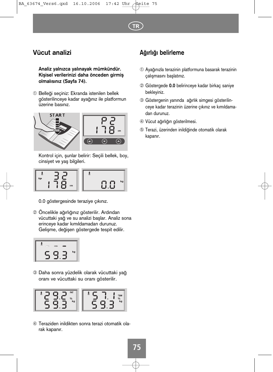 Vücut analizi, Aπırlıπı belirleme | SOEHNLE Volga User Manual | Page 75 / 96