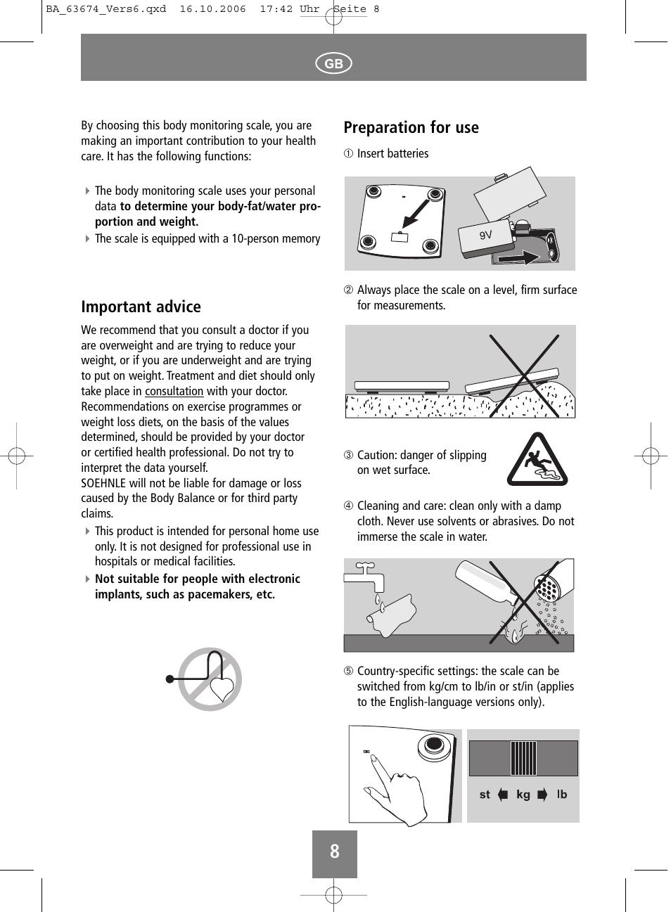 Important advice, Preparation for use | SOEHNLE Volga User Manual | Page 8 / 96