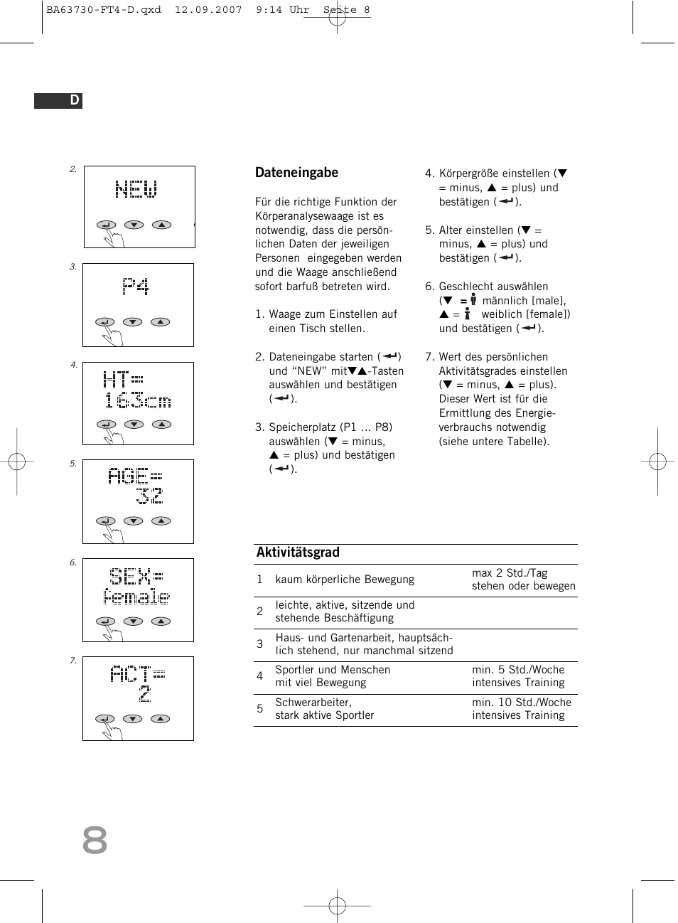 Dateneingabe, Aktivitätsgrad | SOEHNLE Body Balance Slim FT4 User Manual | Page 8 / 400