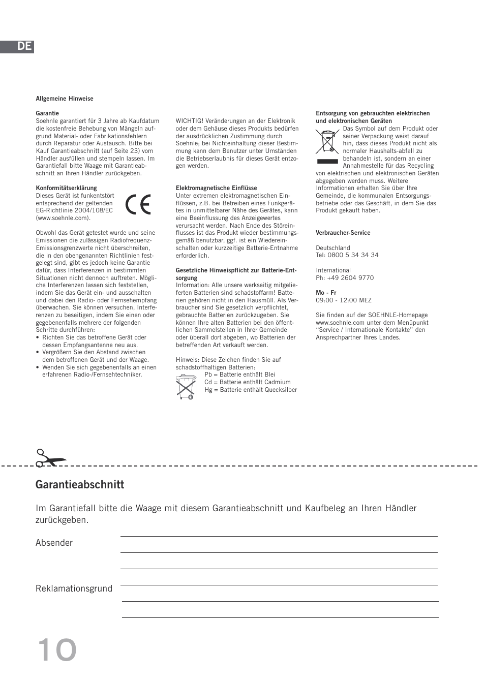 Garantieabschnitt | SOEHNLE Body Balance Shape F3 User Manual | Page 10 / 148