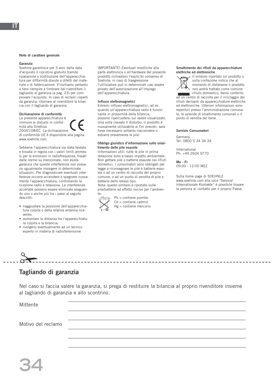 Tagliando di garanzia | SOEHNLE Body Balance Shape F3 User Manual | Page 34 / 148