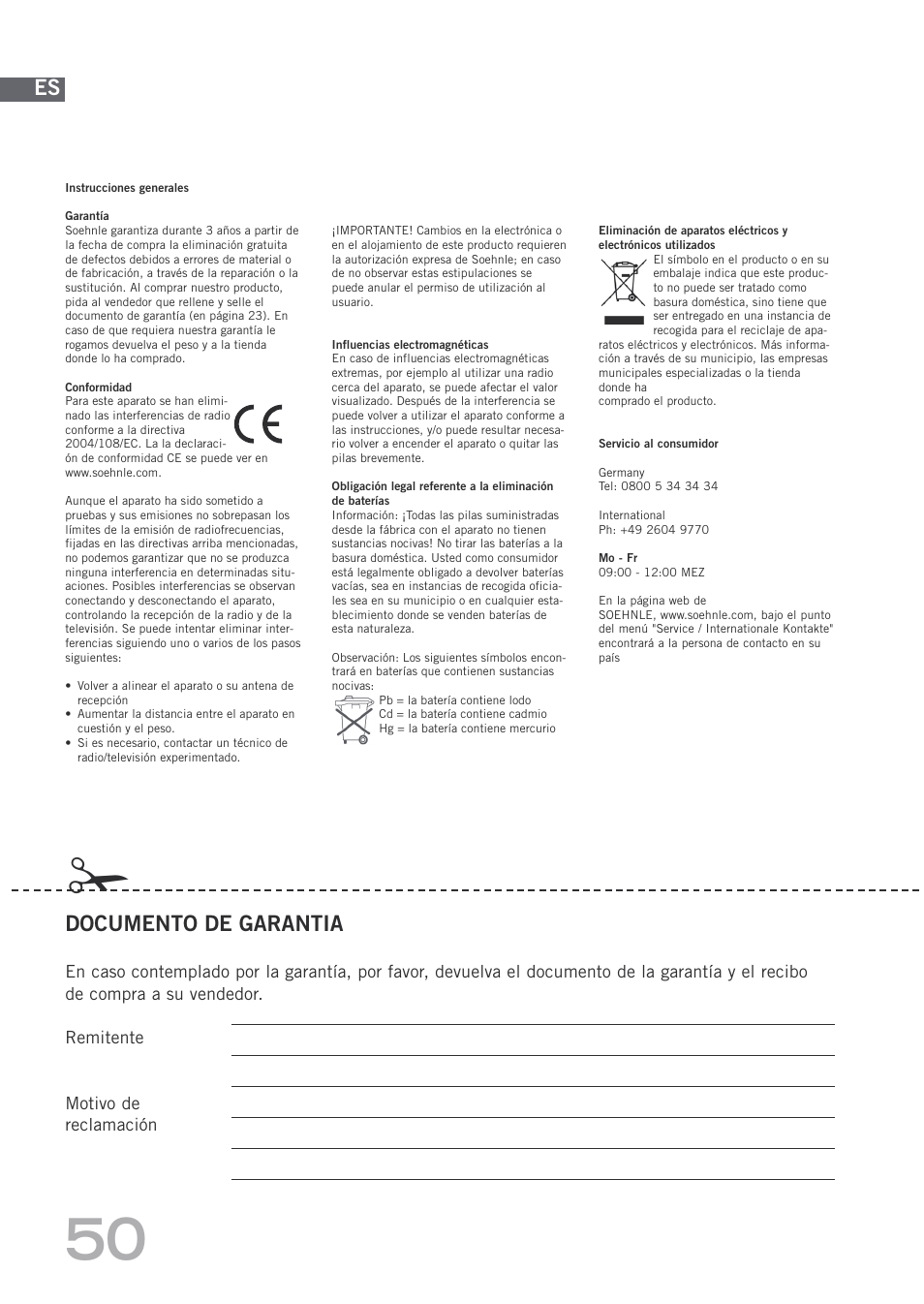 Documento de garantia | SOEHNLE Body Balance Shape F3 User Manual | Page 50 / 148