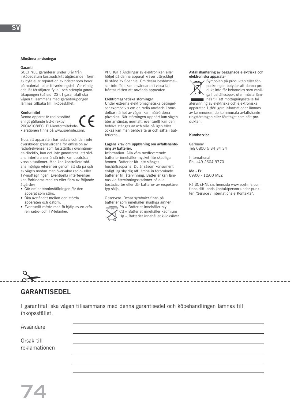 Garantisedel | SOEHNLE Body Balance Shape F3 User Manual | Page 74 / 148