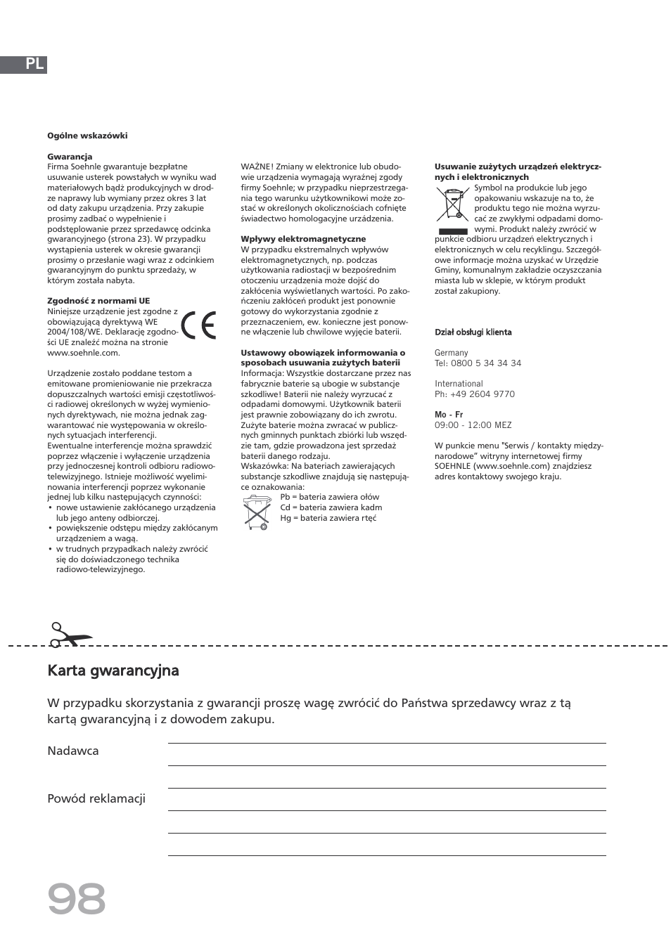 Karta gwarancyjna | SOEHNLE Body Balance Shape F3 User Manual | Page 98 / 148