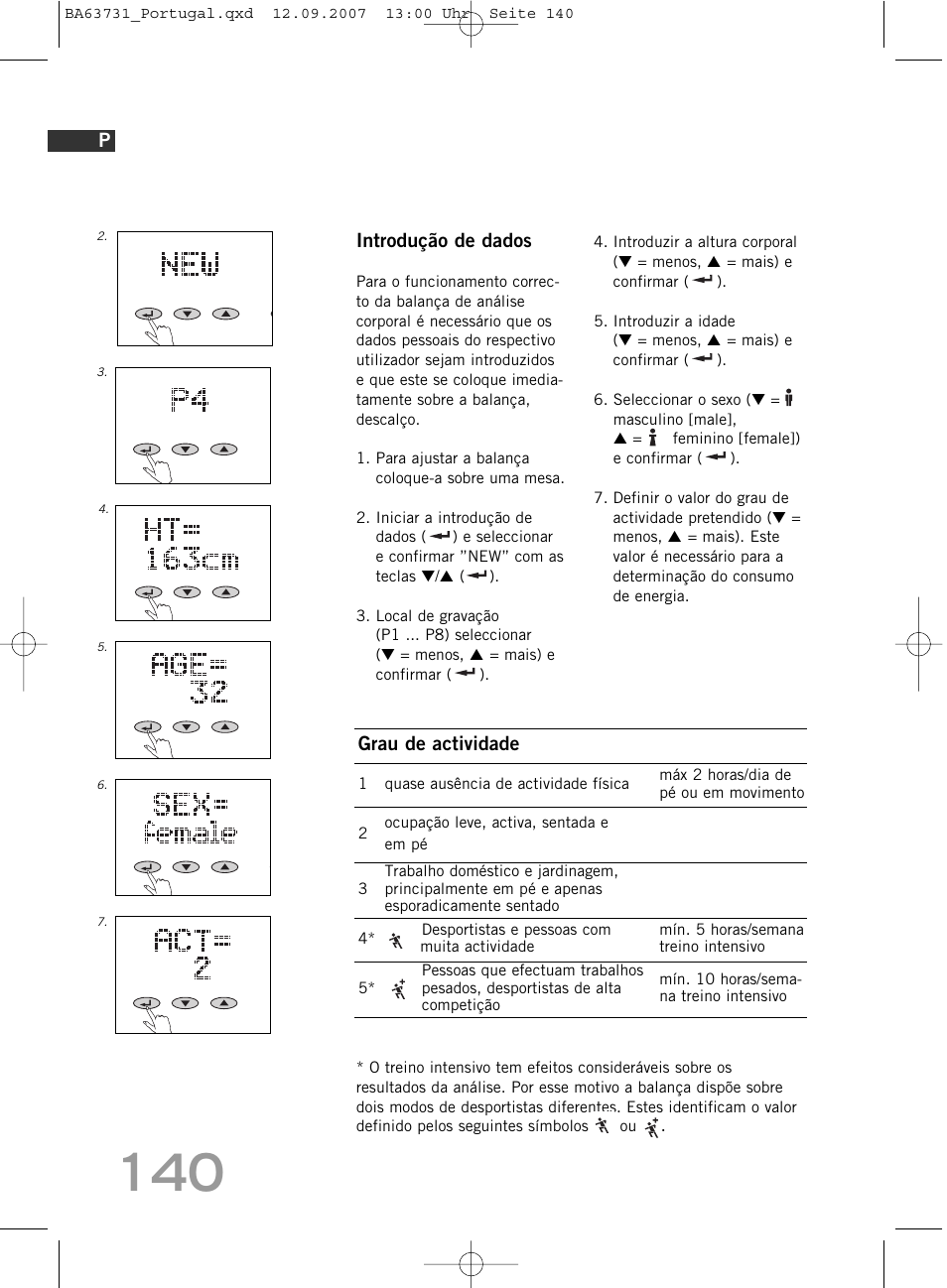 Introdução de dados, Grau de actividade | SOEHNLE Body Balance Slim FT5 User Manual | Page 140 / 400