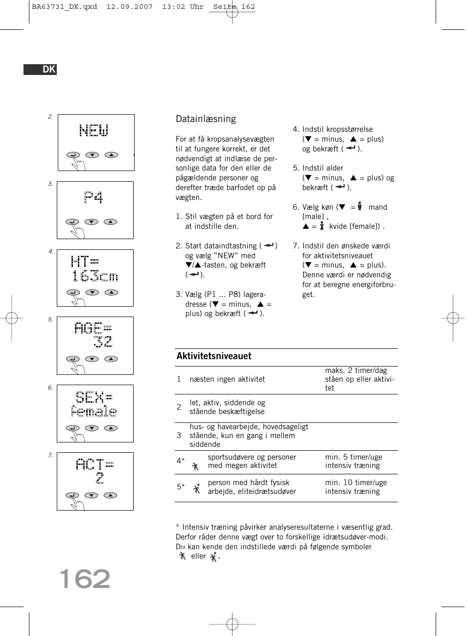 Datainlæsning, Aktivitetsniveauet | SOEHNLE Body Balance Slim FT5 User Manual | Page 162 / 400