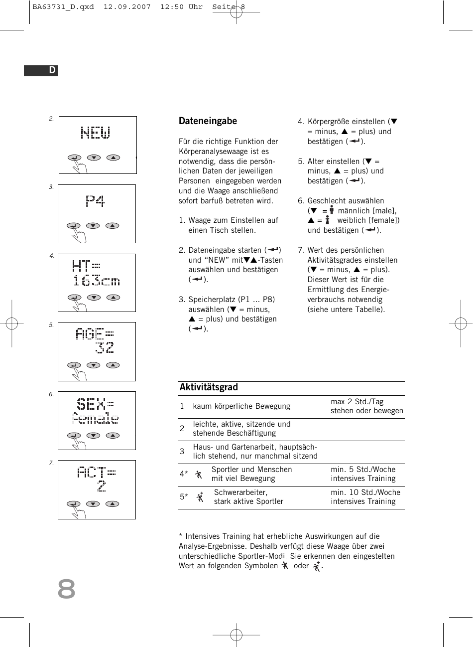 Dateneingabe, Aktivitätsgrad | SOEHNLE Body Balance Slim FT5 User Manual | Page 8 / 400