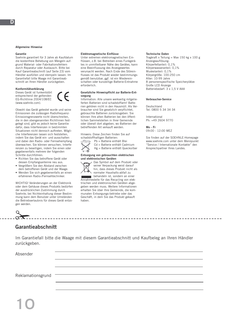 Garantieabschnitt | SOEHNLE Body Balance Shape F4 User Manual | Page 10 / 148