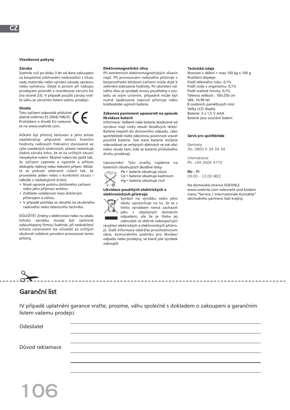 Garanční list | SOEHNLE Body Balance Shape F4 User Manual | Page 106 / 148