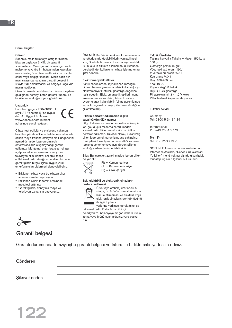 Garanti belgesi | SOEHNLE Body Balance Shape F4 User Manual | Page 122 / 148