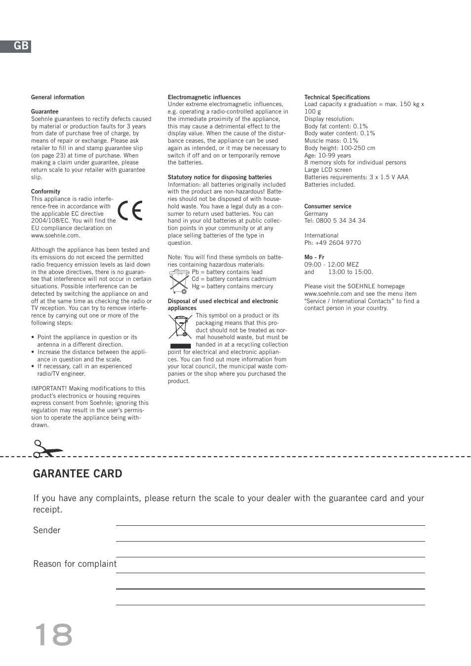 Garantee card | SOEHNLE Body Balance Shape F4 User Manual | Page 18 / 148