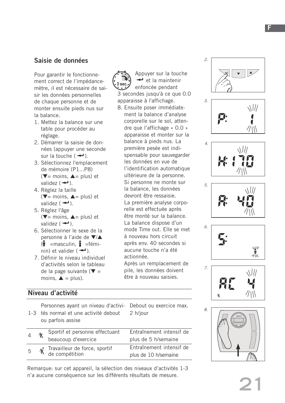 Saisie de données, Niveau d’activité | SOEHNLE Body Balance Shape F4 User Manual | Page 21 / 148