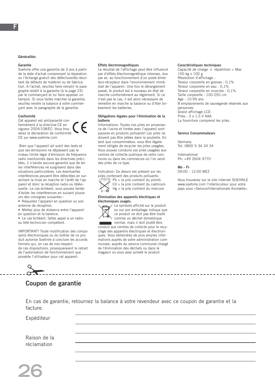 Coupon de garantie | SOEHNLE Body Balance Shape F4 User Manual | Page 26 / 148