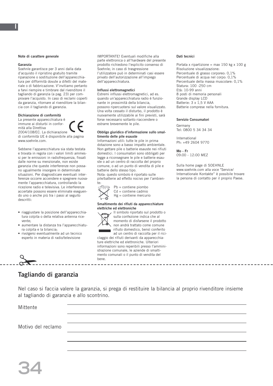 Tagliando di garanzia | SOEHNLE Body Balance Shape F4 User Manual | Page 34 / 148