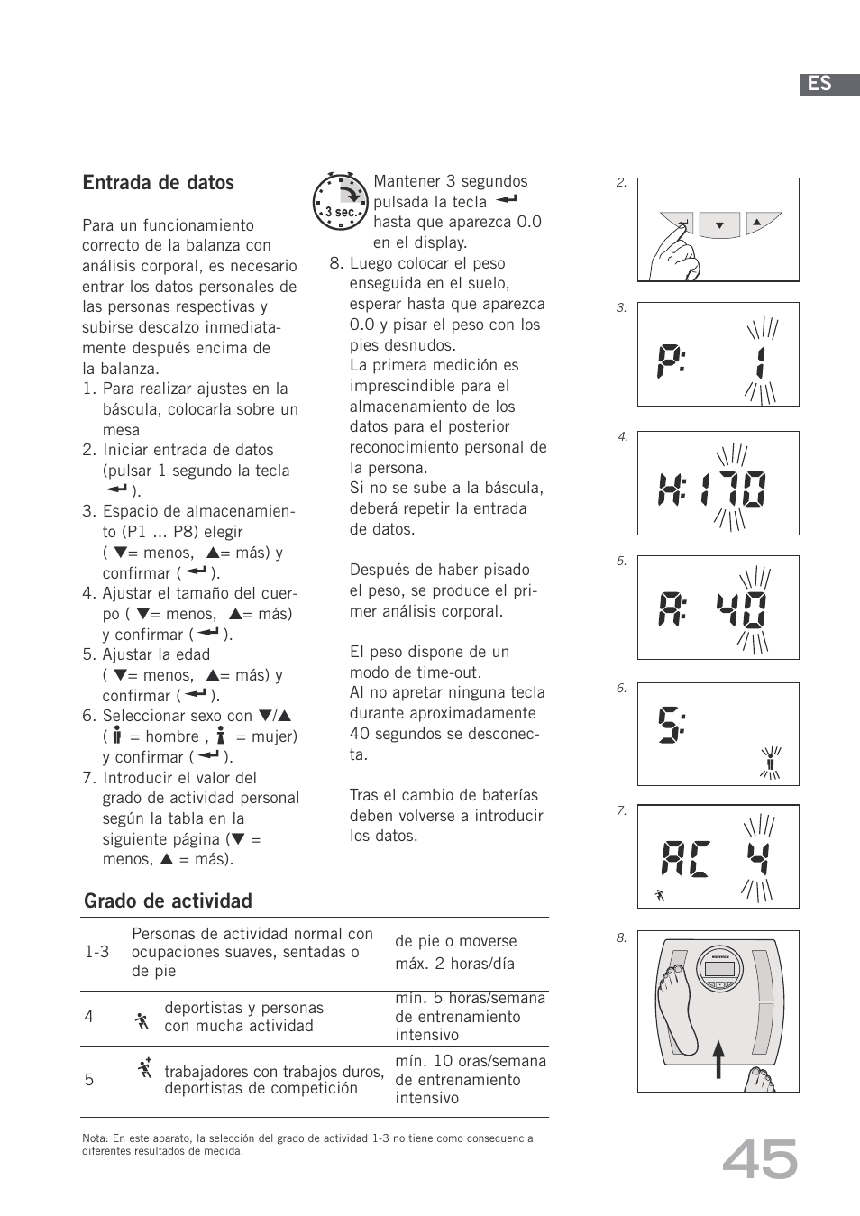 Entrada de datos, Es grado de actividad | SOEHNLE Body Balance Shape F4 User Manual | Page 45 / 148