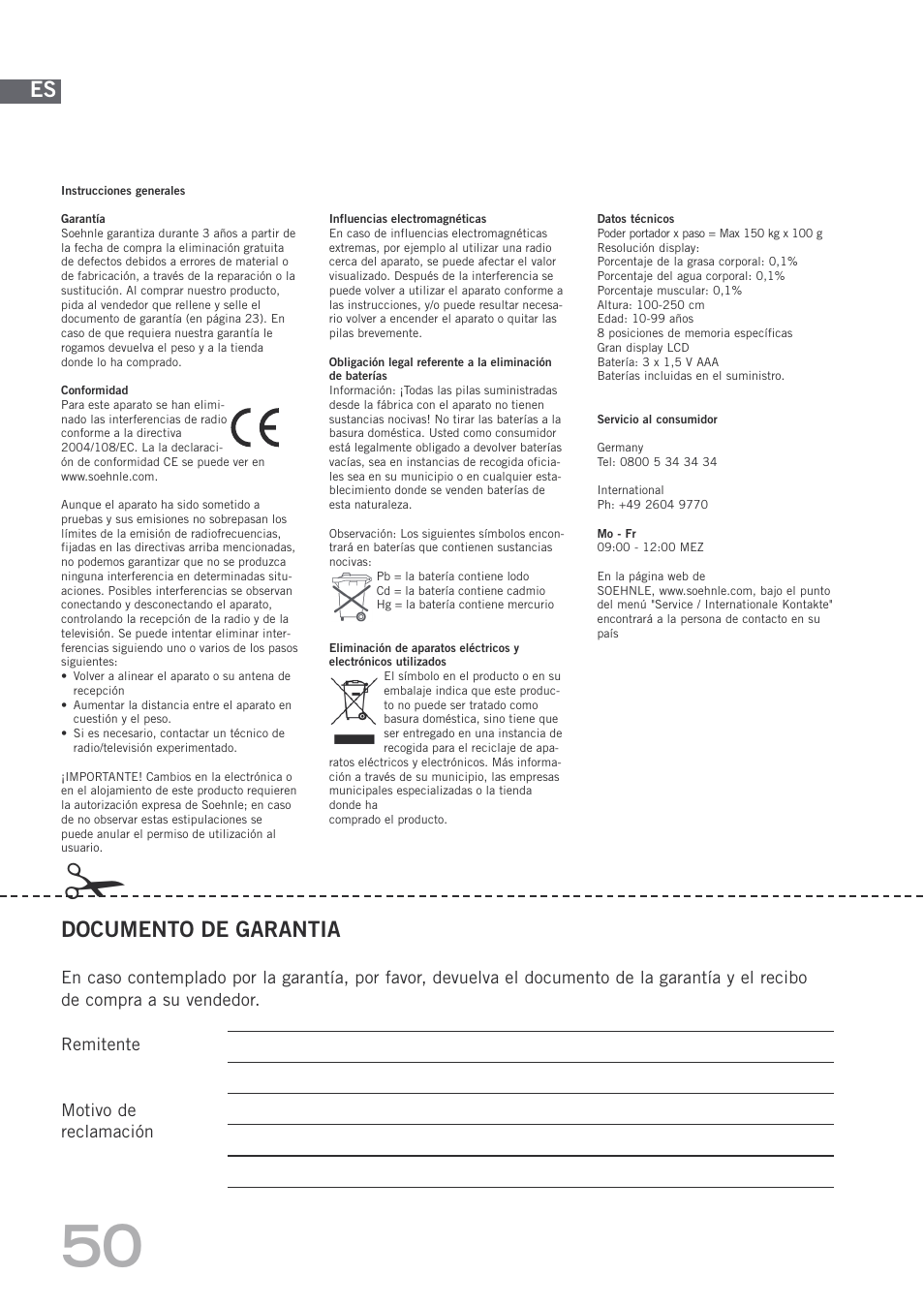 Documento de garantia | SOEHNLE Body Balance Shape F4 User Manual | Page 50 / 148