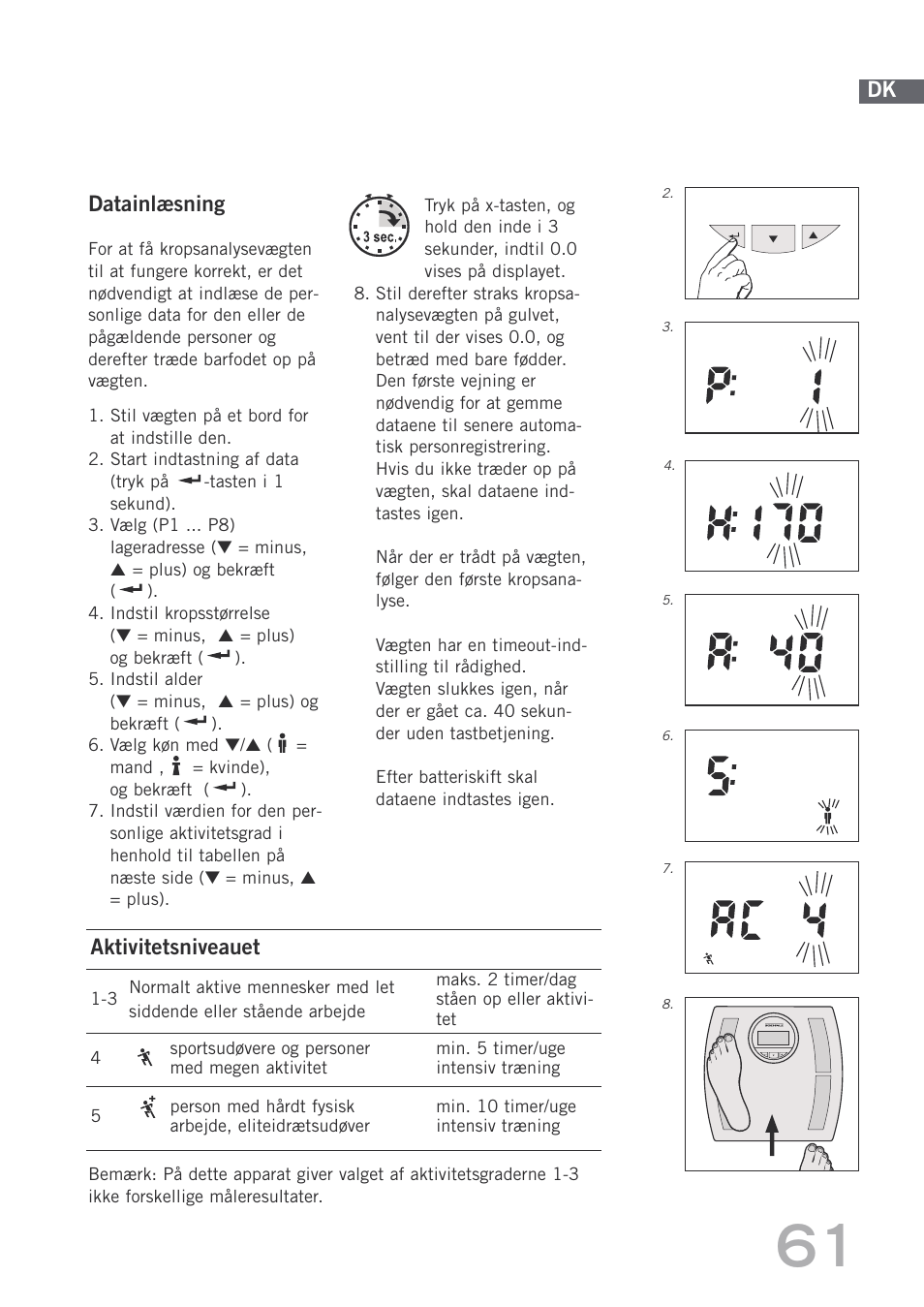Datainlæsning, Dk aktivitetsniveauet | SOEHNLE Body Balance Shape F4 User Manual | Page 61 / 148