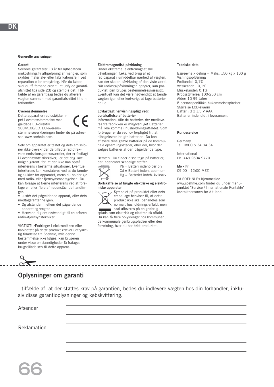 Oplysninger om garanti | SOEHNLE Body Balance Shape F4 User Manual | Page 66 / 148