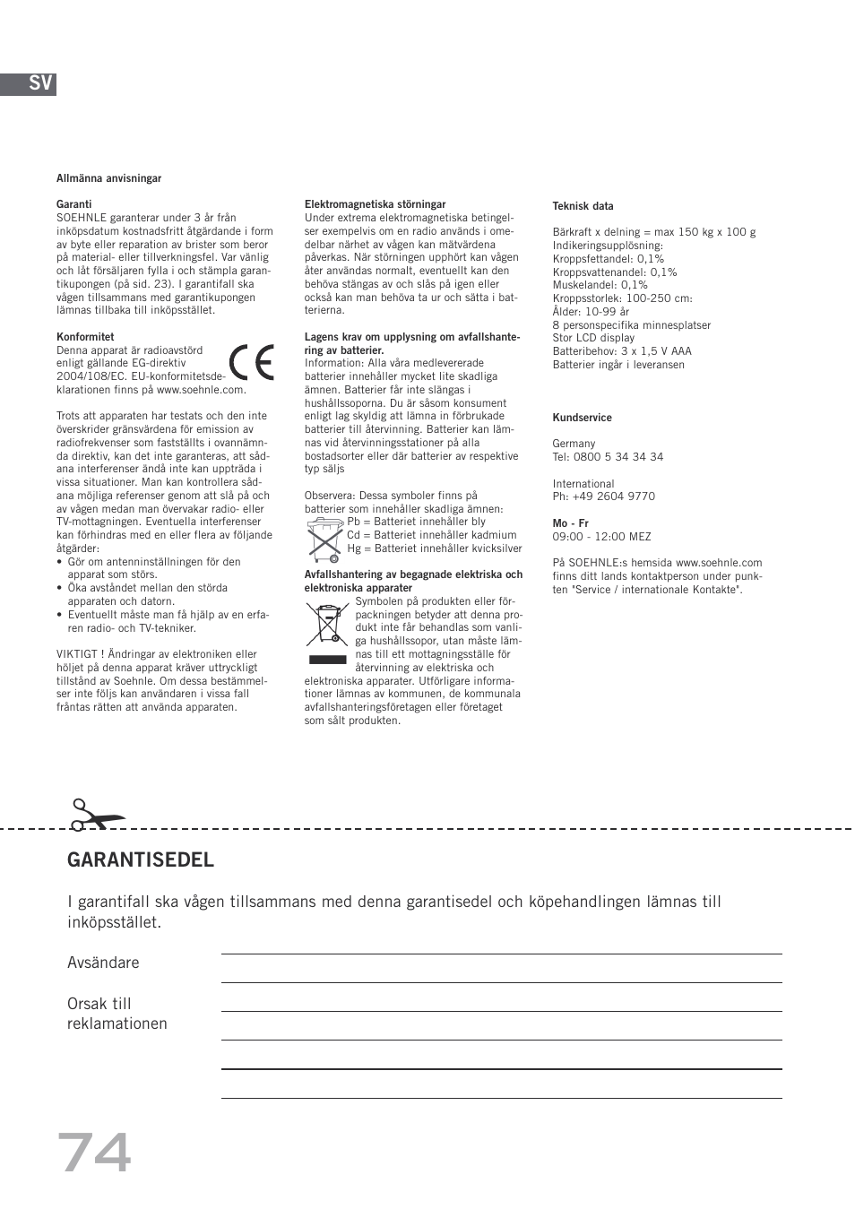 Garantisedel | SOEHNLE Body Balance Shape F4 User Manual | Page 74 / 148