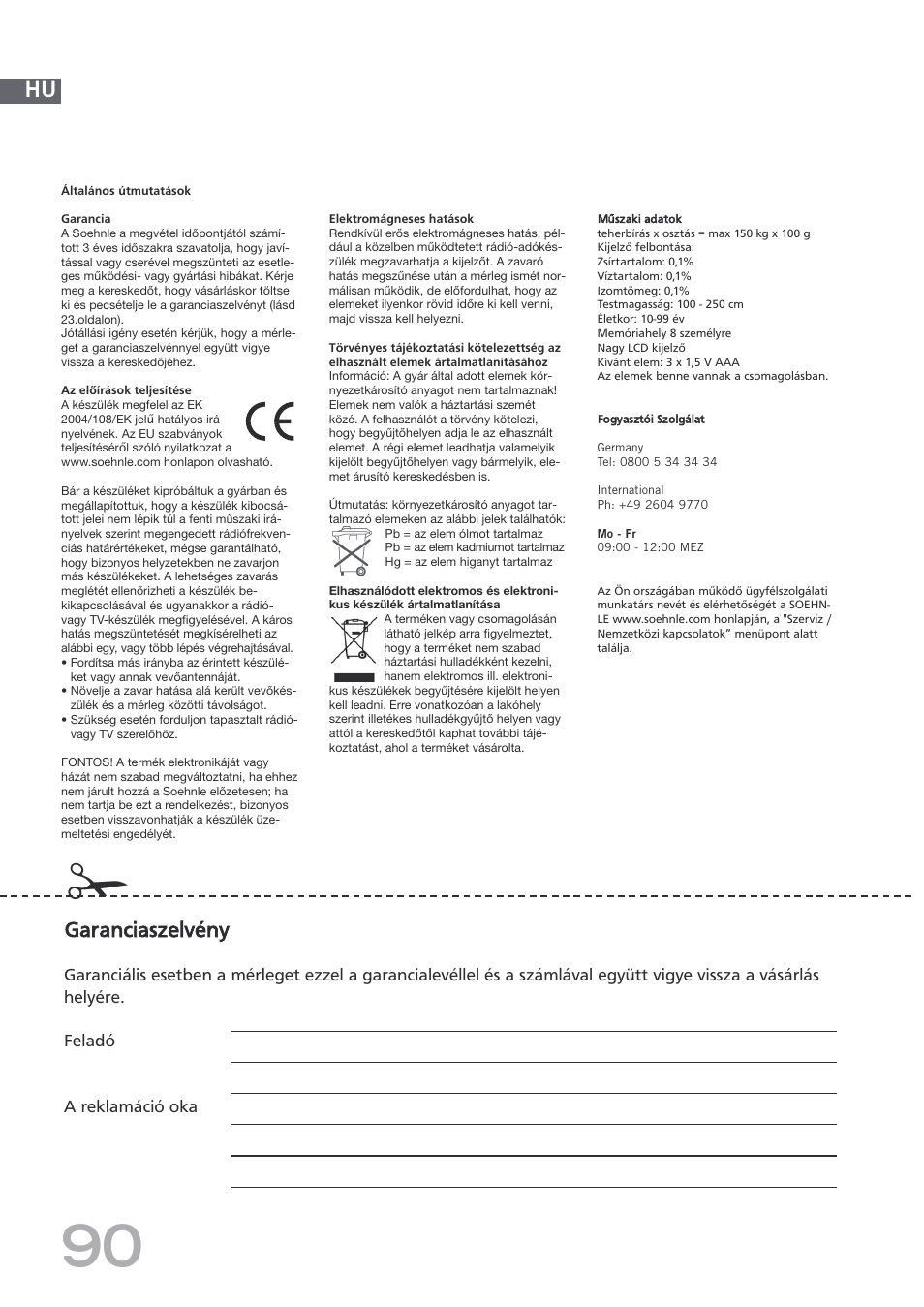 Garanciaszelvény | SOEHNLE Body Balance Shape F4 User Manual | Page 90 / 148