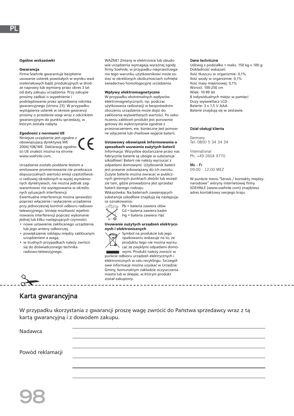 Karta gwarancyjna | SOEHNLE Body Balance Shape F4 User Manual | Page 98 / 148