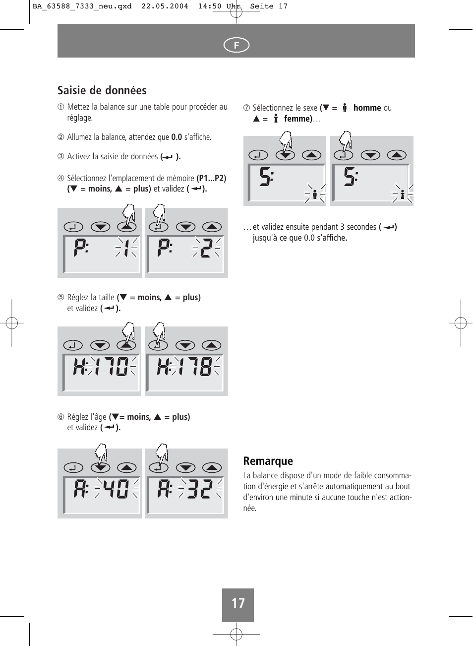 Remarque, Saisie de données | SOEHNLE Body Balance User Manual | Page 17 / 112