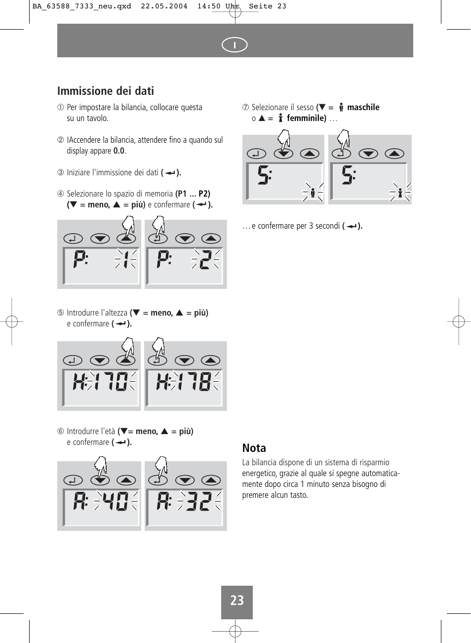 Nota, Immissione dei dati | SOEHNLE Body Balance User Manual | Page 23 / 112