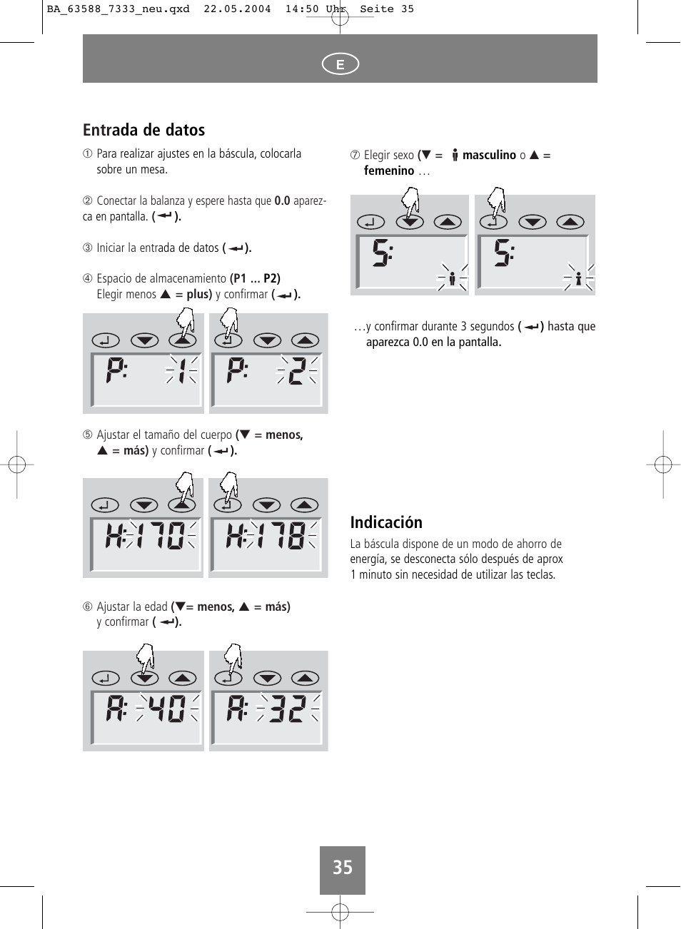 Indicación, Entr ada de datos | SOEHNLE Body Balance User Manual | Page 35 / 112
