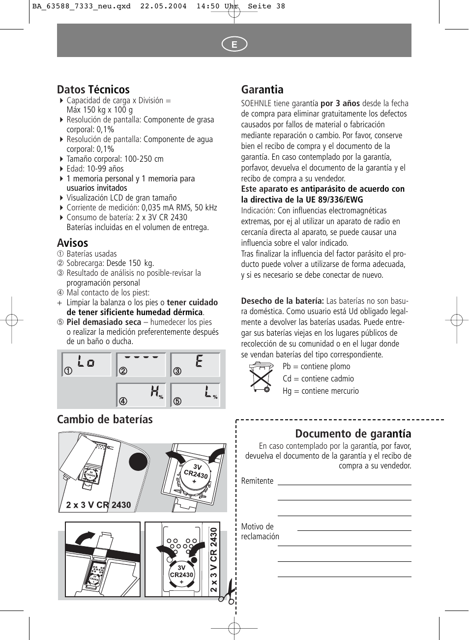 Gar antia, Documento de gar antía, Datos técnicos | Avisos, Cambio de baterías | SOEHNLE Body Balance User Manual | Page 38 / 112