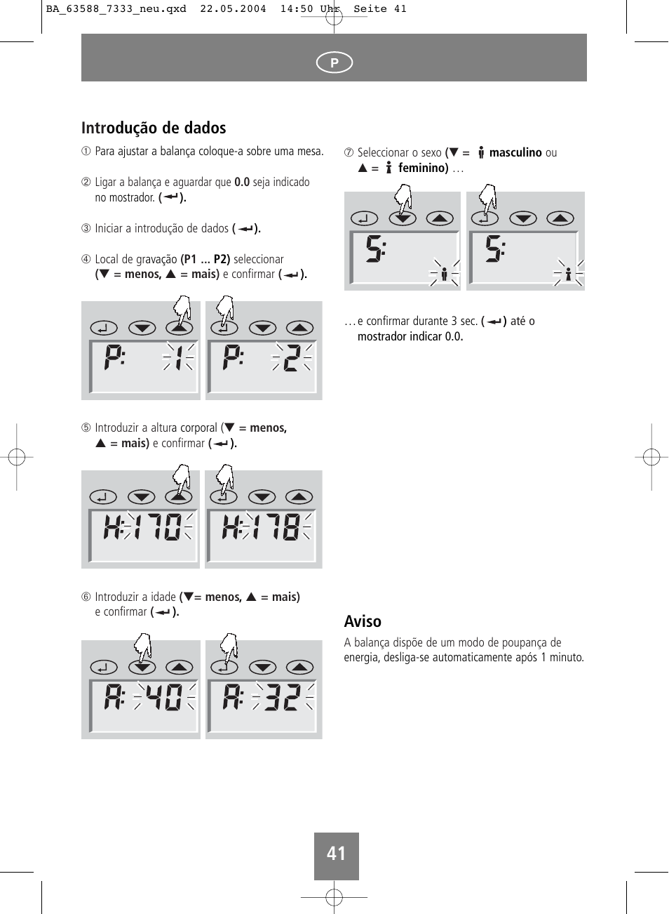 Aviso, Intr odução de dados | SOEHNLE Body Balance User Manual | Page 41 / 112