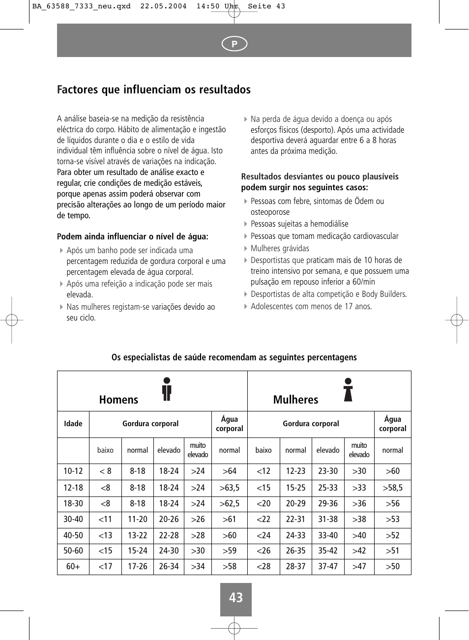 Factores que influenciam os resultados, Homens mulheres | SOEHNLE Body Balance User Manual | Page 43 / 112