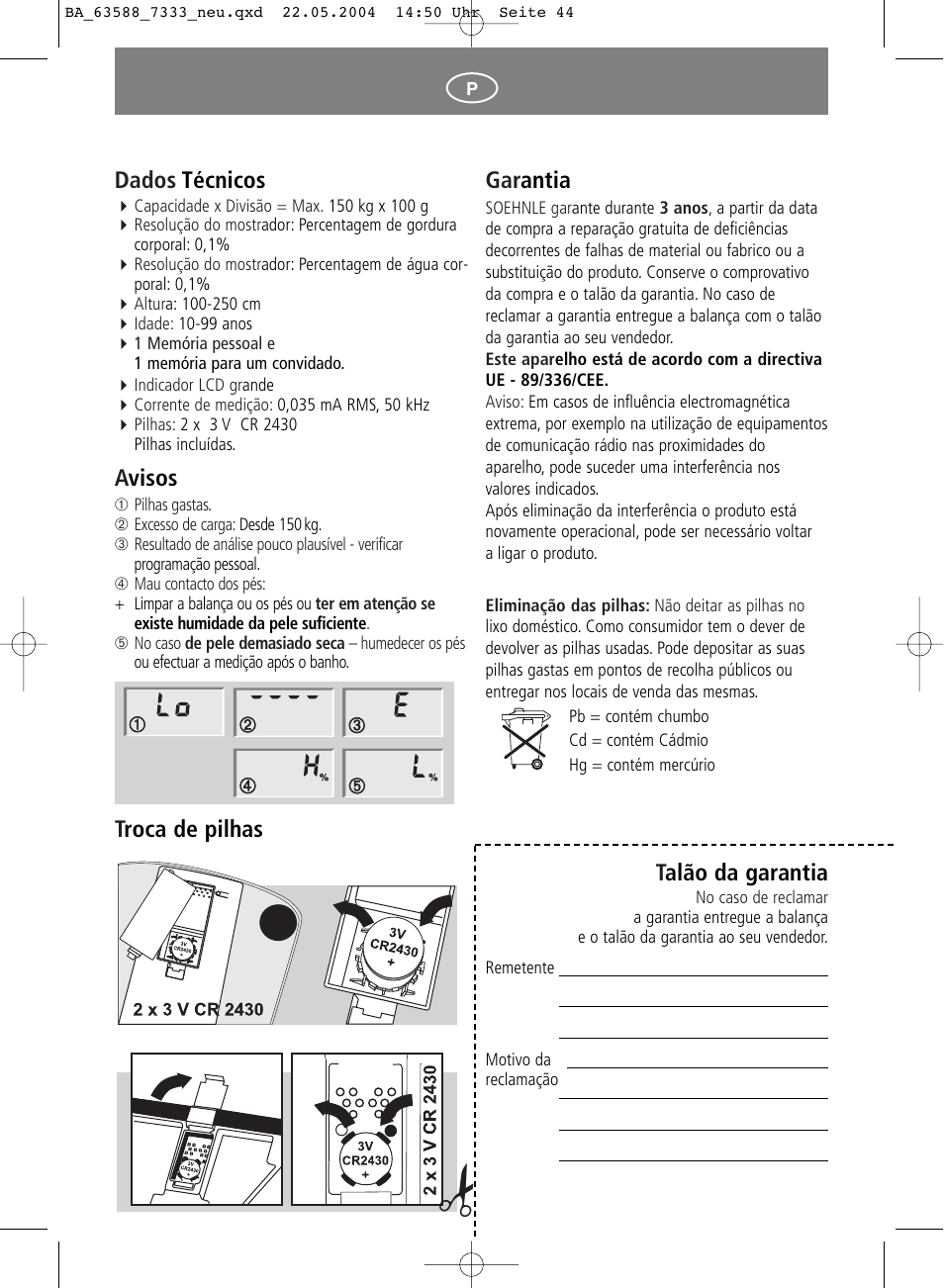 Gar antia, Talão da garantia, Dados técnicos | Avisos, Troca de pilhas | SOEHNLE Body Balance User Manual | Page 44 / 112