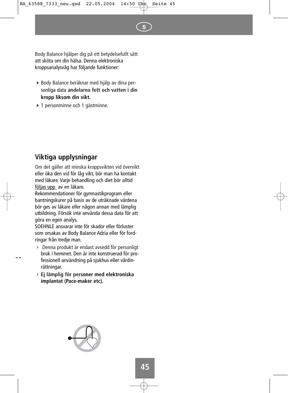 Viktiga upplysningar | SOEHNLE Body Balance User Manual | Page 45 / 112