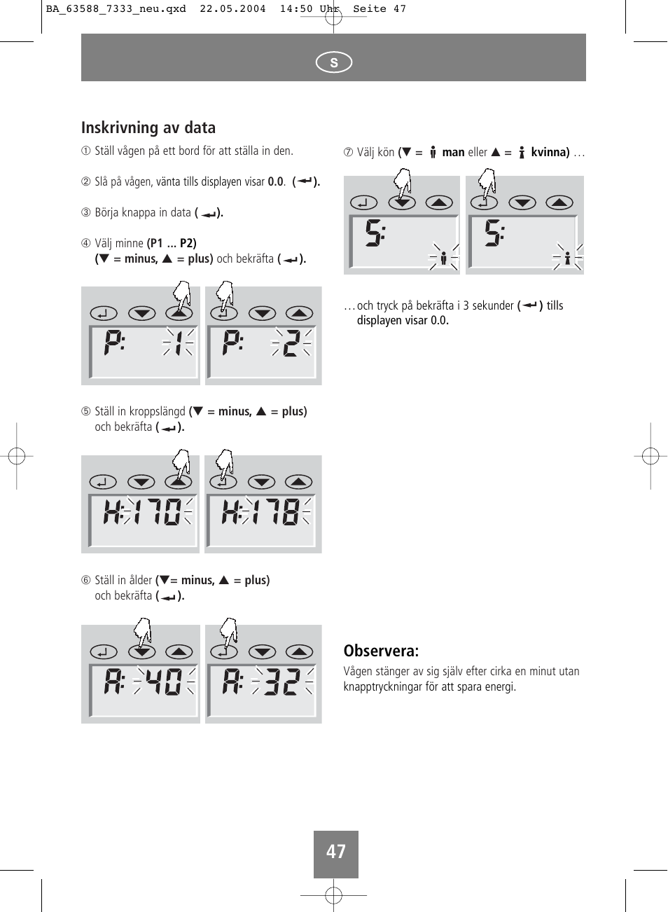Observera, Inskrivning av data | SOEHNLE Body Balance User Manual | Page 47 / 112