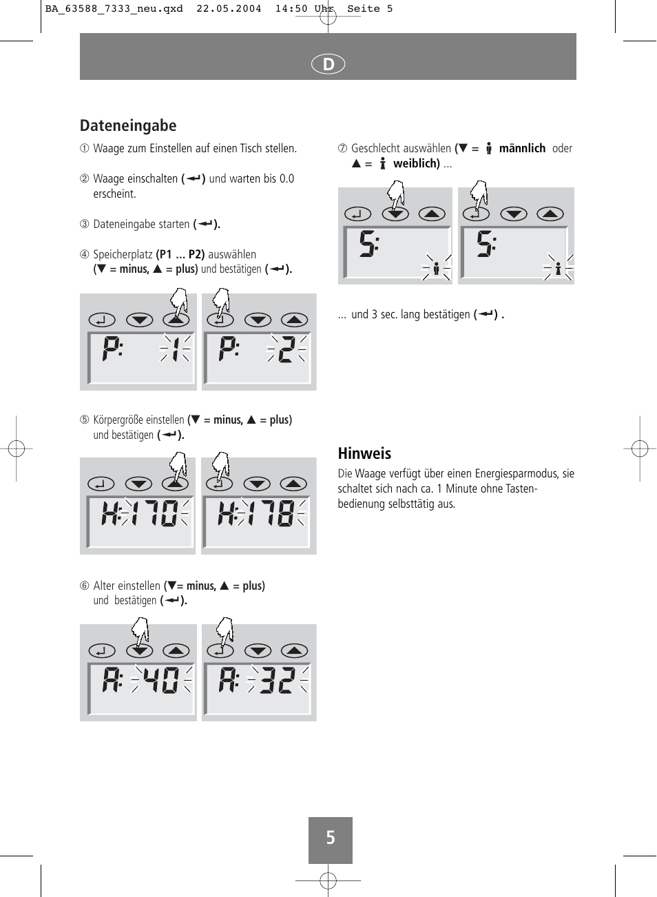 Dateneingabe, Hinweis | SOEHNLE Body Balance User Manual | Page 5 / 112