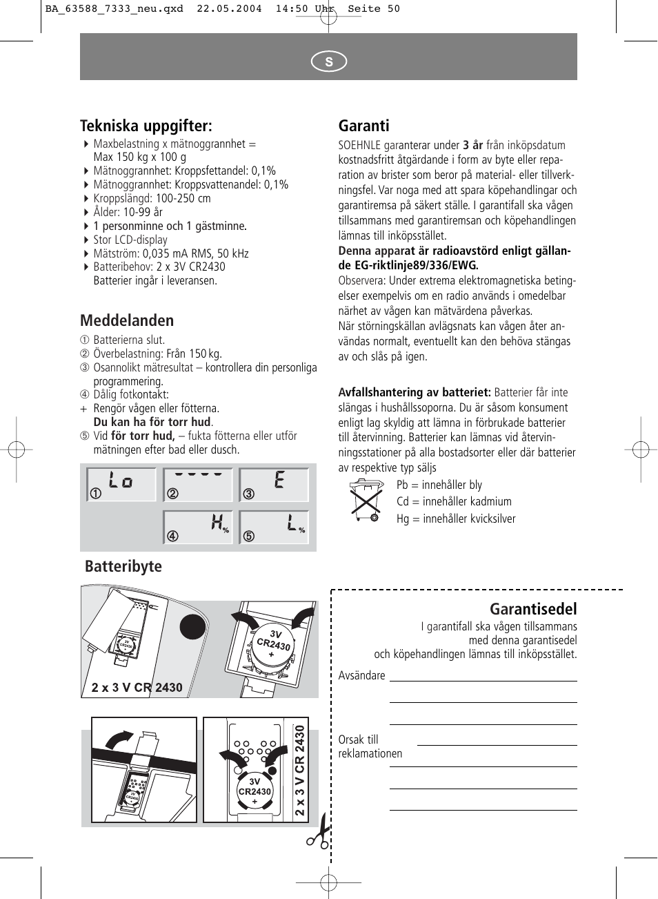 Tekniska uppgifter, Meddelanden, Batteribyte garanti | Gar antisedel | SOEHNLE Body Balance User Manual | Page 50 / 112