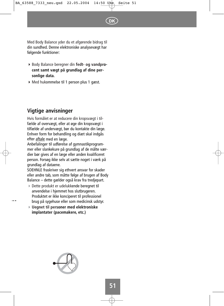 Vigtige anvisninger | SOEHNLE Body Balance User Manual | Page 51 / 112