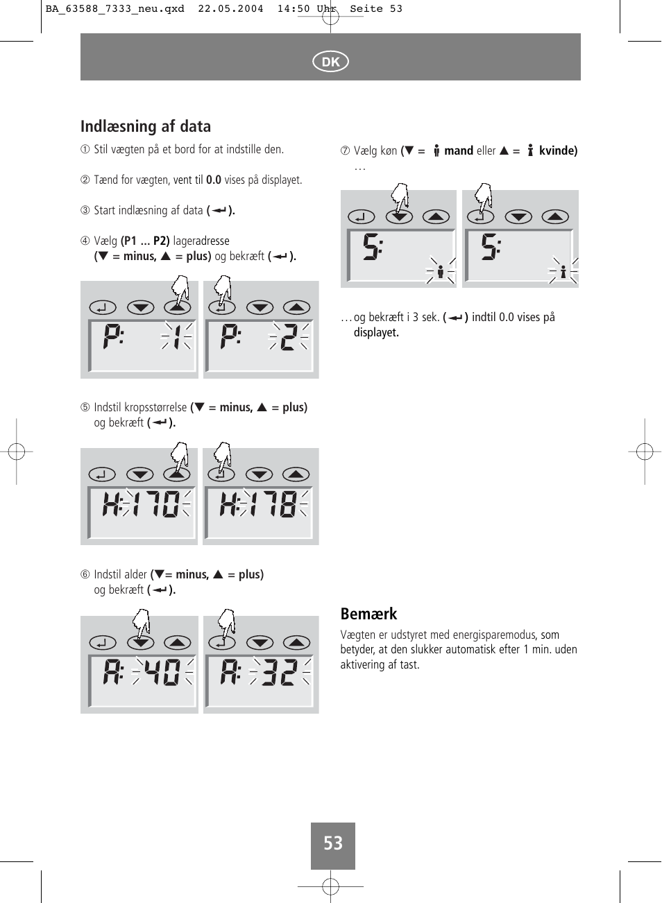 Bemærk, Indlæsning af data | SOEHNLE Body Balance User Manual | Page 53 / 112