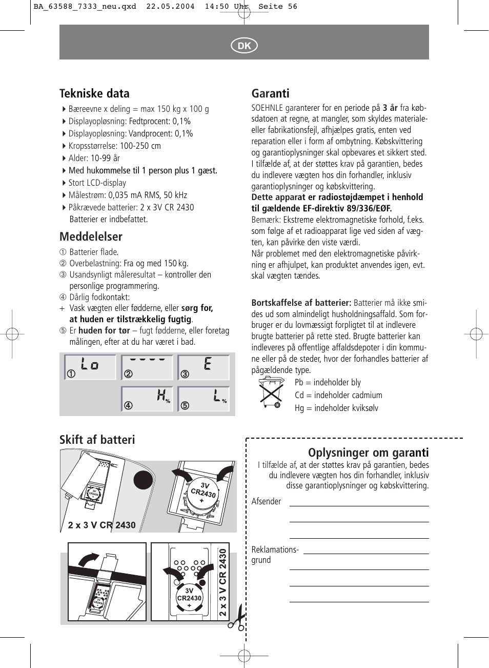 Gar anti, Oplysninger om gar anti, Tekniske data | Meddelelser, Skift af batteri | SOEHNLE Body Balance User Manual | Page 56 / 112