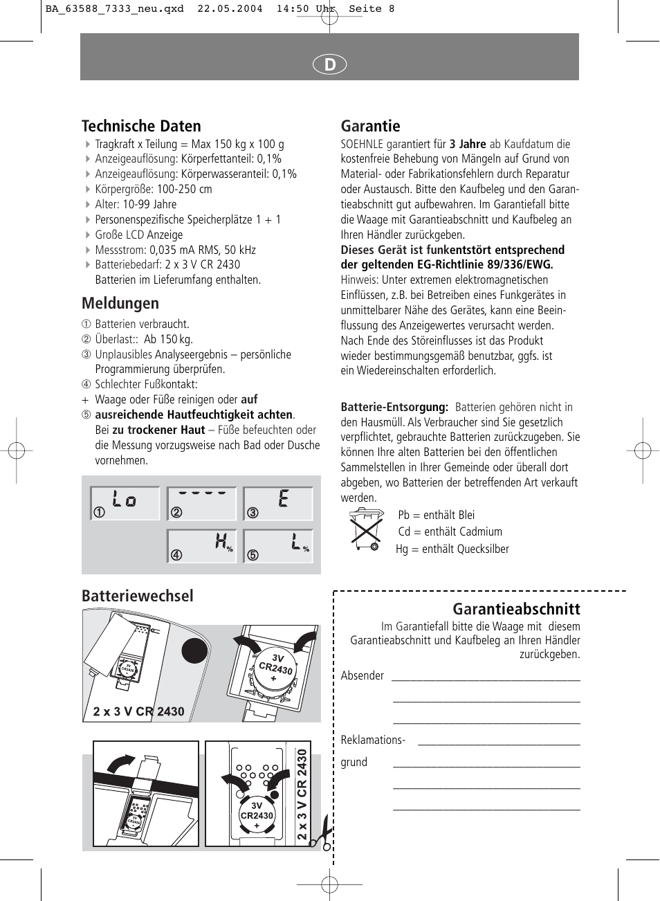 Gar antie, Gar antieabschnitt, Technische daten | Meldungen, Batteriewechsel | SOEHNLE Body Balance User Manual | Page 8 / 112