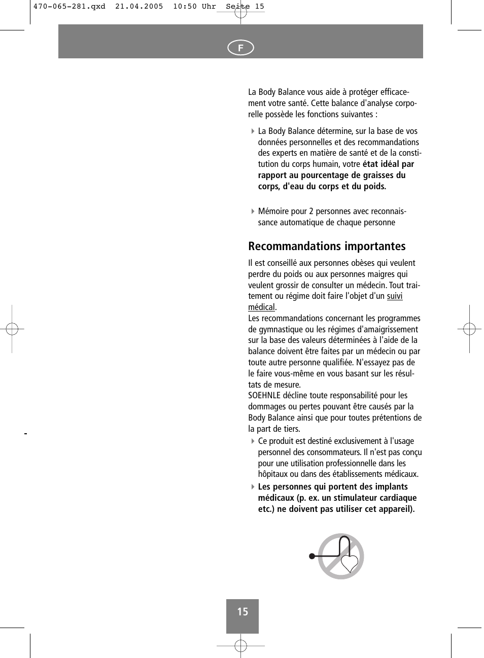 Recommandations importantes | SOEHNLE Body Balance Lago User Manual | Page 15 / 112