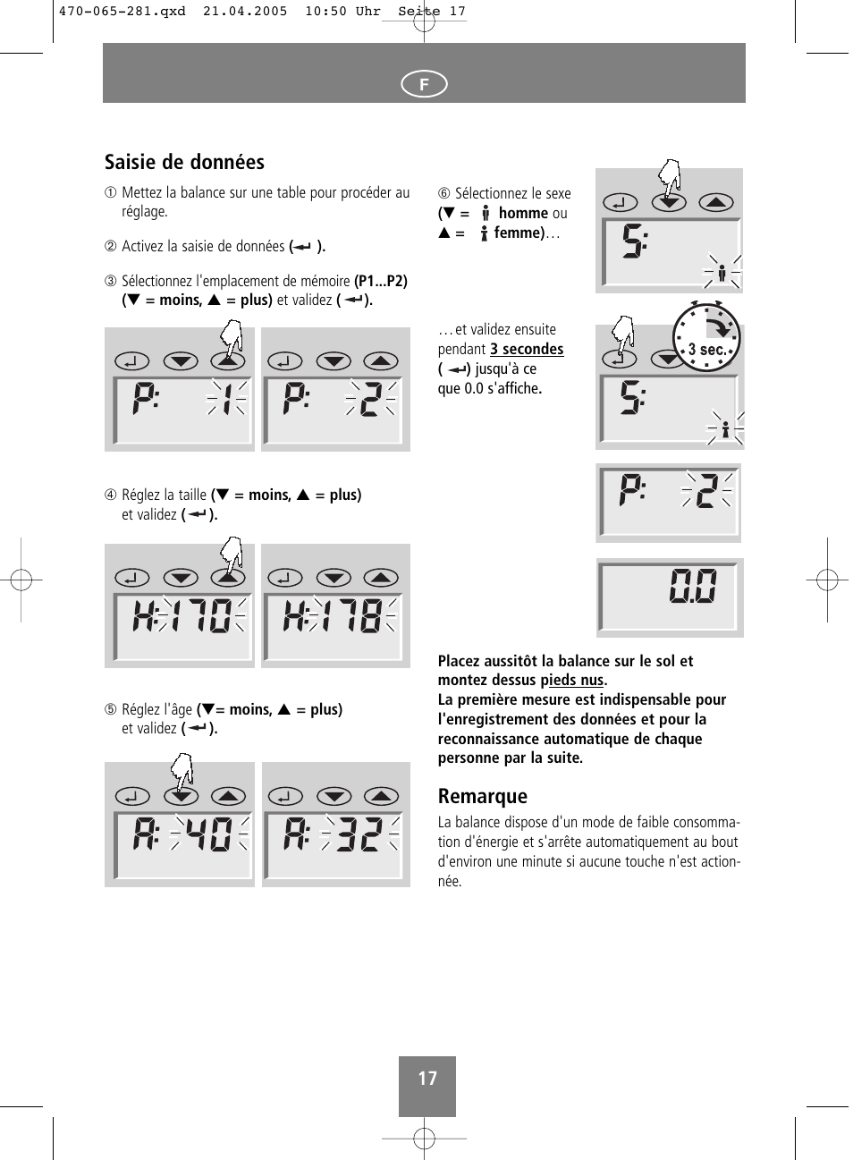 Remarque, Saisie de données | SOEHNLE Body Balance Lago User Manual | Page 17 / 112