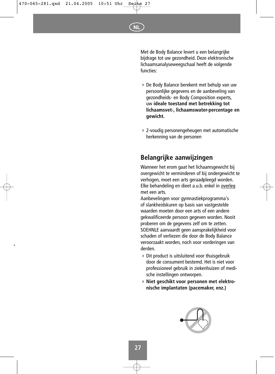 Belangrijke aanwijzingen | SOEHNLE Body Balance Lago User Manual | Page 27 / 112