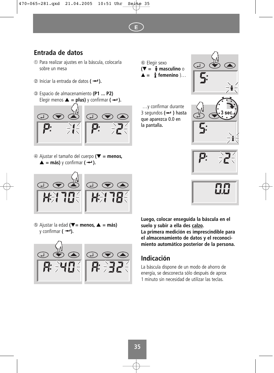 Indicación, Entrada de datos | SOEHNLE Body Balance Lago User Manual | Page 35 / 112